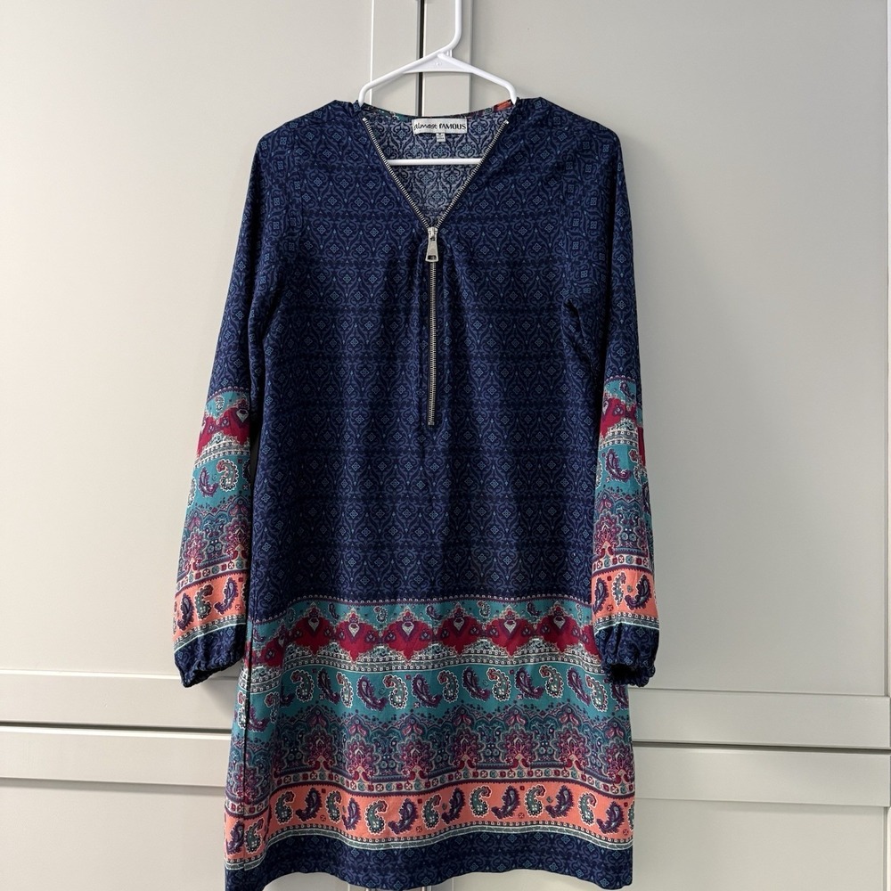Almost Famous Womens Navy Blue Paisley Medallion Half Zip Shift Dress Size M